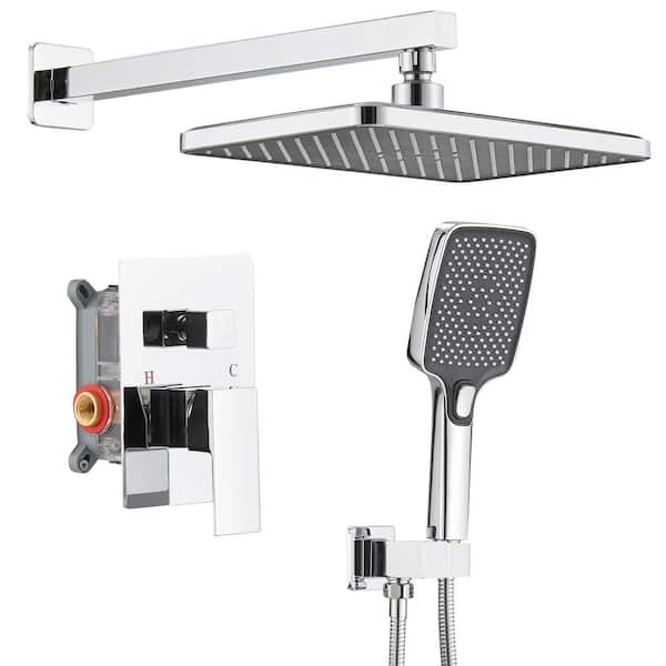HOMEMYSTIQUE Rainfall 2-Handle 2-Spray 12 in. Square High Pressure Shower Faucet in Polished Chrome (Valve Included)