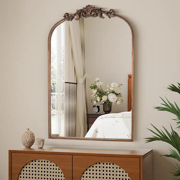 Elevatehome 20 in. W x 30 in. H Arched Antique Gold Finish Framed Baroque Accent Wall Decorative Mirror