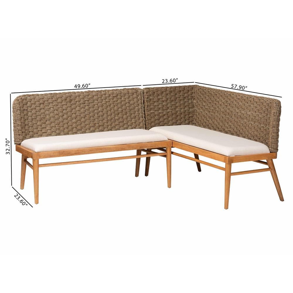 Denver Natural Seagrass and Acacia Wood Dining Nook Banquette Set