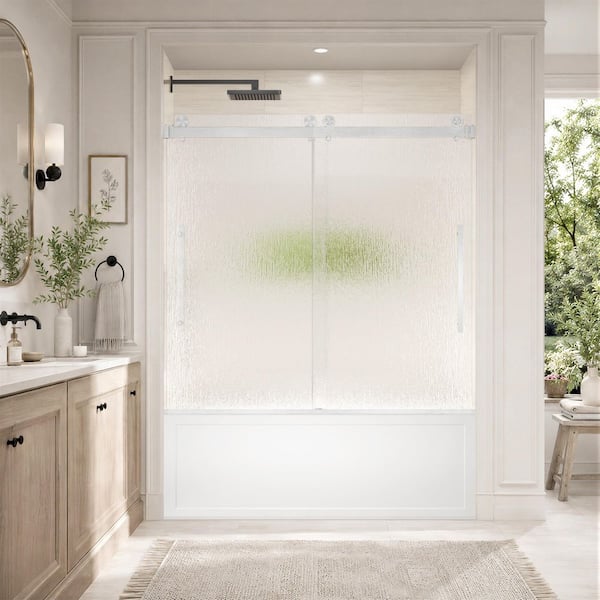 56-60 in. W x 58 in. H Double Sliding Frameless Tub Shower Door in Brushed Nickel with Nano-Coated Easy-Clean Rain Glass