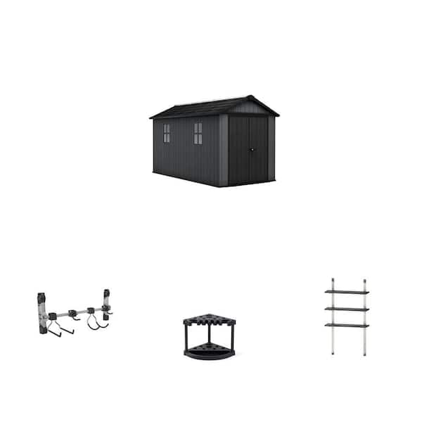 7.  5 ft. x 13 ft. Resin Storage Shed, Hook Hanger, 22 in. Tool Rack and 12 in. Adjustable Shelve Kit Combo