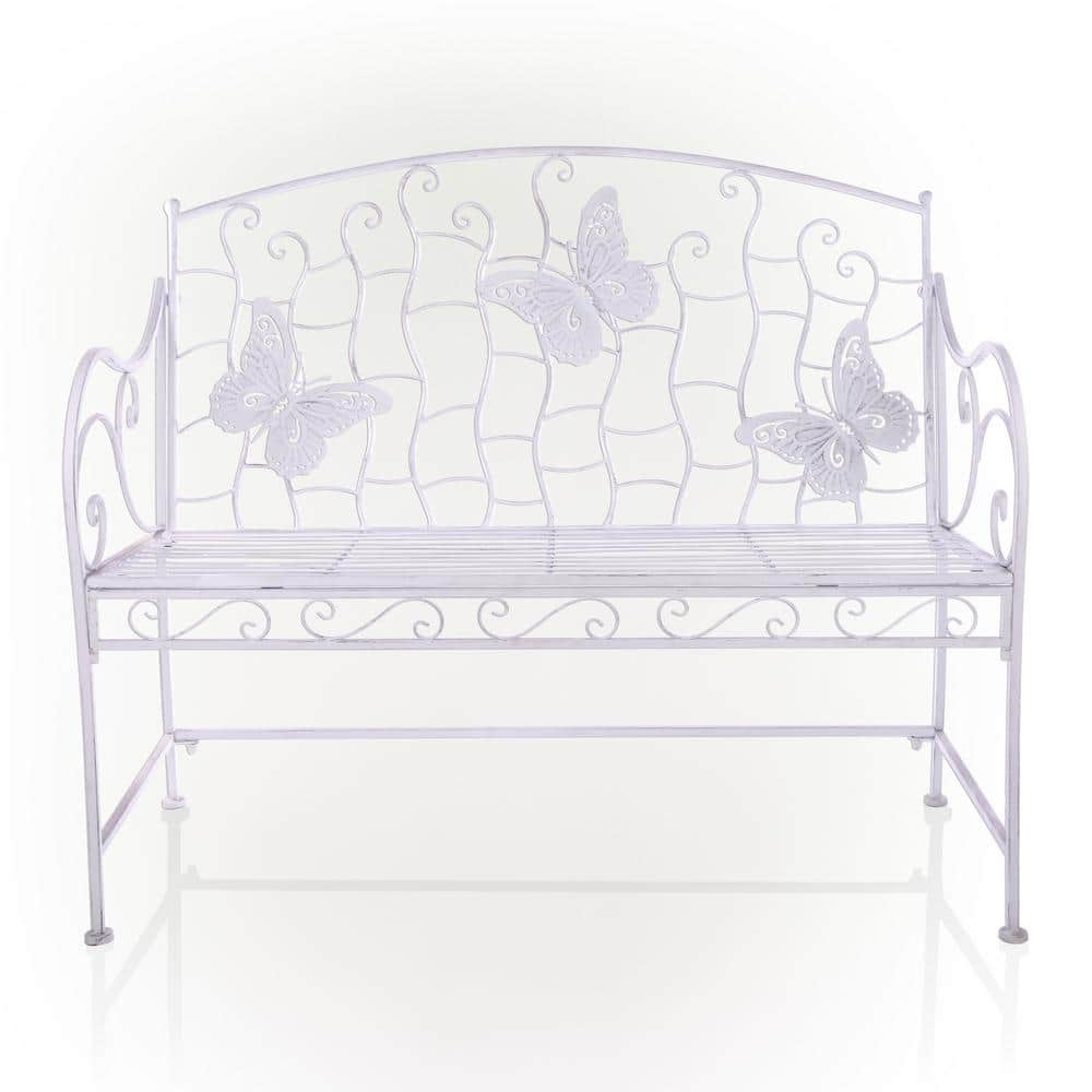 White Metal Butterfly Backrest Garden Bench, 43"