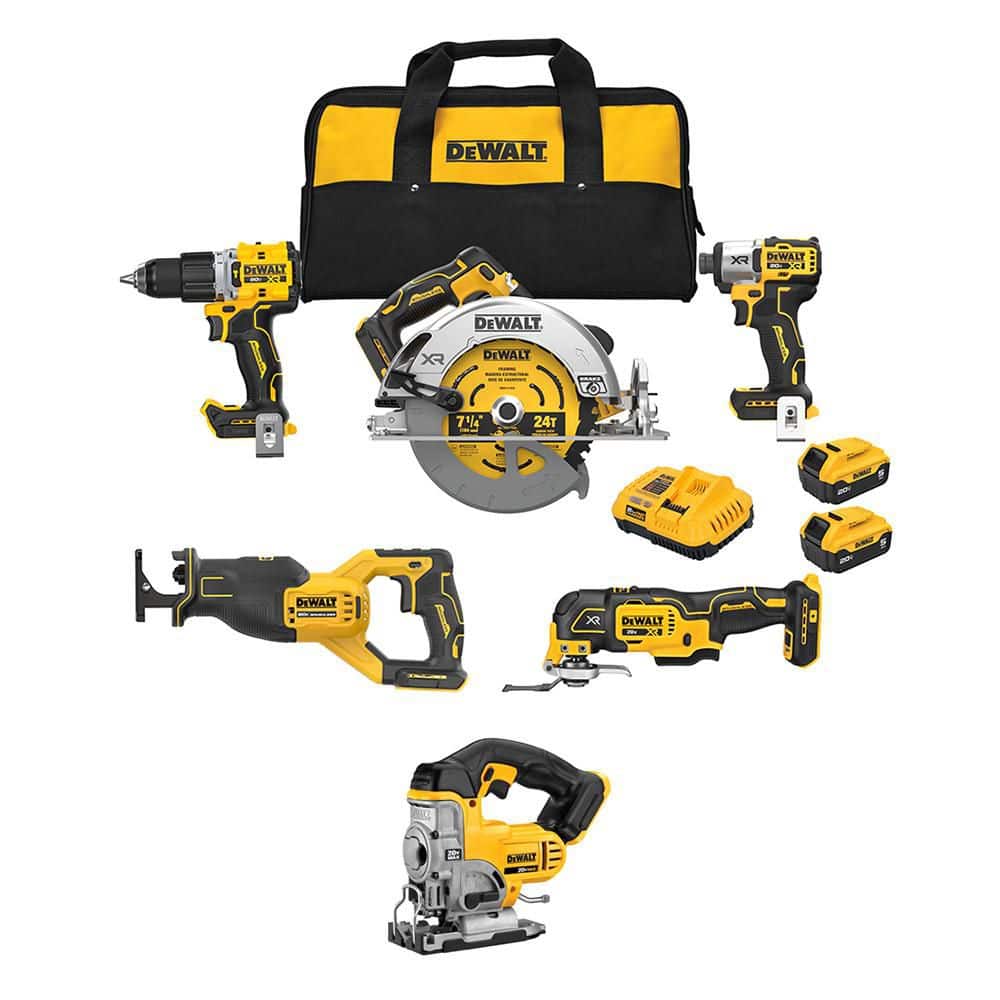 DEWALT 20V Lithium-Ion Cordless 5-Tool Combo Kit and 20V MAX Cordless Jig Saw with (2) 5.0 Ah Battery Packs and Charger (DCK510P2WCS331B)