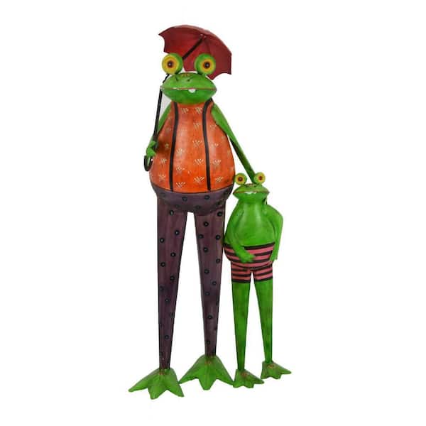 Benjara Rookie 32 in. Metal Orange and Green Frogs Sculpture (Set-2)