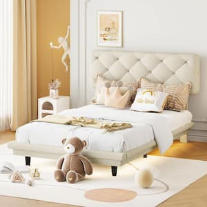 Beige Wood Frame Twin Size Linen Upholstered Platform Bed with LED Light Stripe, Stylish Tufted Headboard