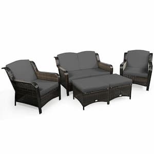 5-Piece Wicker Patio Conversation Set with Gray Cushion and Ottoman