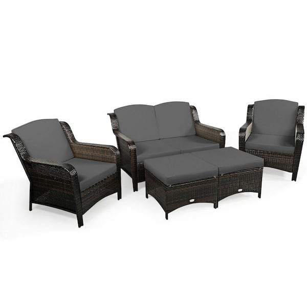 WELLFOR 5-Piece Wicker Patio Conversation Set with Gray Cushion and Ottoman