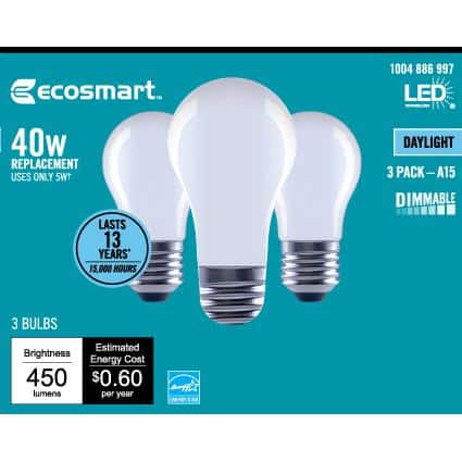 40-Watt Equivalent A15 Dimmable ENERGY STAR Frosted Glass Decorative Filament Vintage LED Light Bulb Daylight (3-Pack)