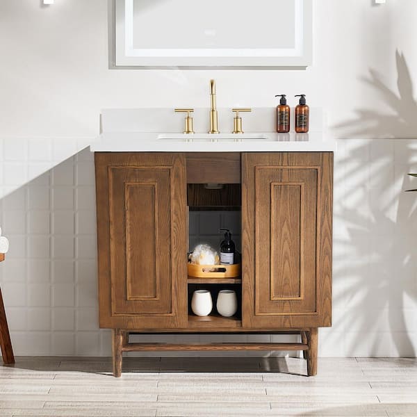 Magic Home 36 in. Freestanding Bathroom Vanity Brown Solid Wood Storage Cabinet Combo Set with Marble Single Sink Top