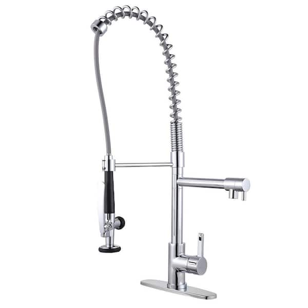 WOWOW Single-Handle Wall Mount Gooseneck Pull Out Sprayer Kitchen Faucet Included Supply Lines in Polished Chrome