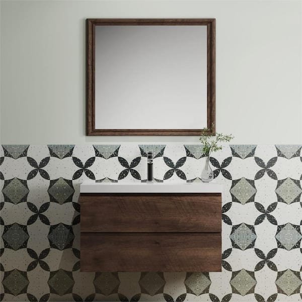 Abruzzo Angela 36 in. W x 18.7 in. D x 20.5 in. H Wall Mounted Floating Vanity Cabinet in Rosewood with Glossy White Sink