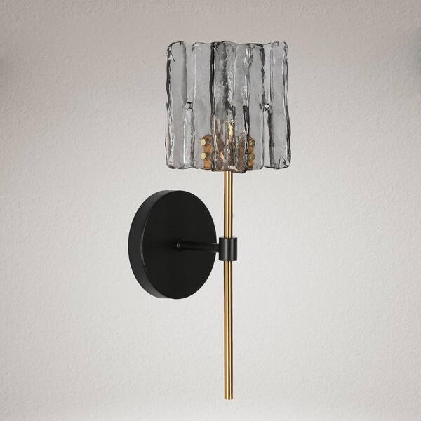 LNC Kristie Modern 1-Light Black and Plated Brass Wall Sconce with Grey Ice Glass Shade
