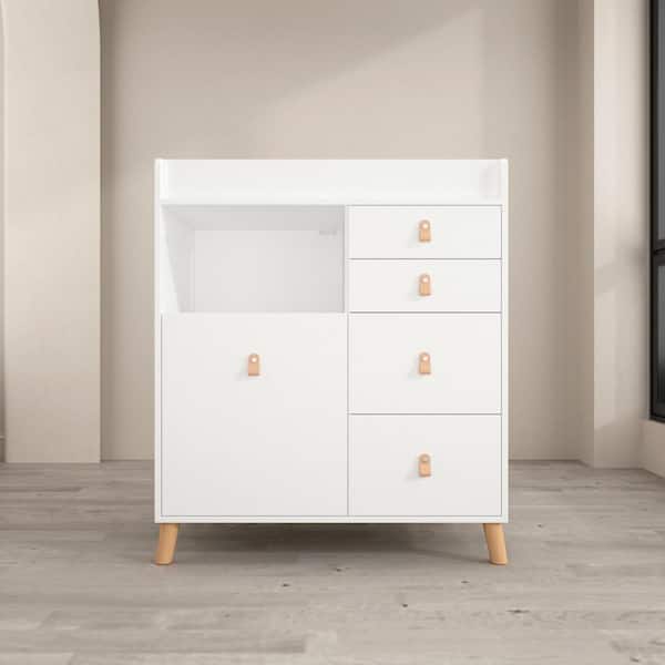 FUFU&GAGA White 5-Drawer 33.5 in. Width Wooden Stylish Kids Low Dresser, Chest of Drawers, Storage Cabinet with Open Shelf