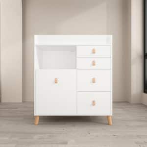 White 5-Drawer 33.5 in. Width Wooden Stylish Kids Low Dresser, Chest of Drawers, Storage Cabinet with Open Shelf