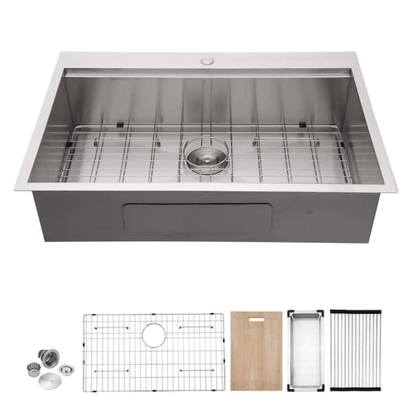 Sarlai 33 in. Drop-In/Topmount Single Bowl 18-Gauge Stainless Steel Workstation Kitchen Sink with All Accessories