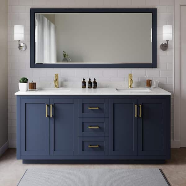 Wyndham Collection Miranda 72 in. W Double Bath Vanity in Dark Blue with Cultured Marble Vanity Top in Light-Vein Carrara with White Basins