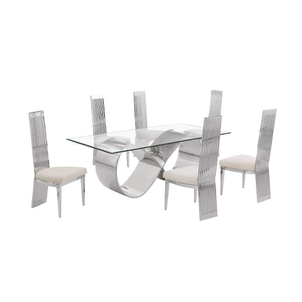 Best Quality Furniture Garrett 7-Piece Clear Tempered Glass Top with Stainless Steel Base Dining Set with 6 Chairs