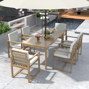 Light Teak 7-Piece Wood Outdoor Dining Set with Umbrella Hole and Grayish Beige Cushions