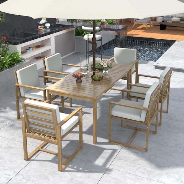 Harper & Bright Designs Light Teak 7-Piece Wood Outdoor Dining Set with Umbrella Hole and Grayish Beige Cushions