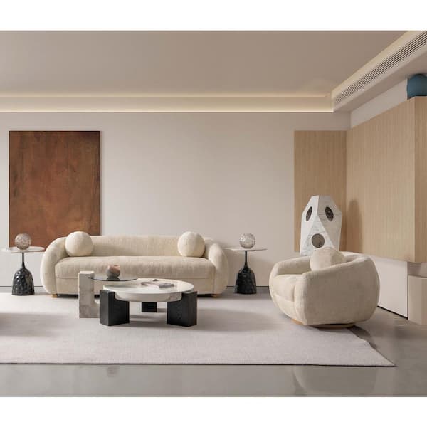 Manhattan Comfort Tribeca 2-Piece Modern Glam Cream Chenille Upholstered Sofa and Accent Chair Living Room Set