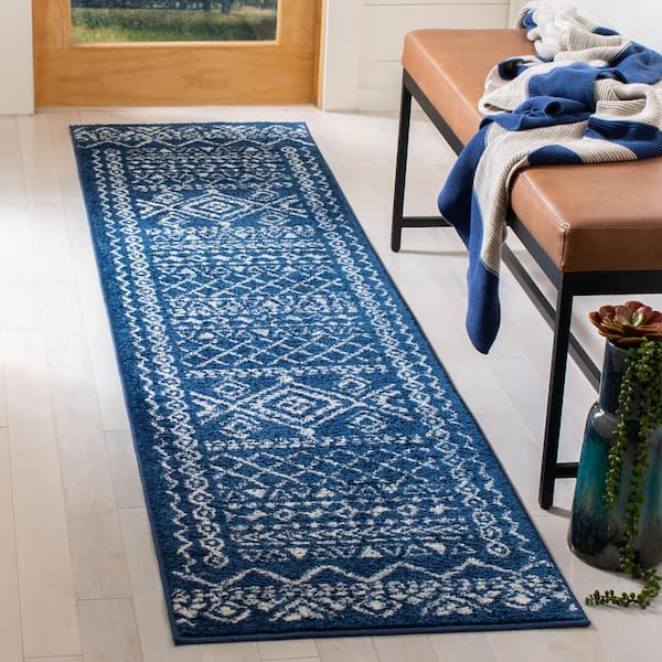 Tulum Navy/Ivory 2 ft. x 21 ft. Border Tribal Distressed Runner Rug