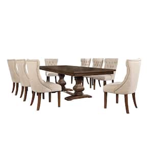 Karol 9-Piece Rectangular Wood Top Dining Table Set Beige Linen Fabric Chairs