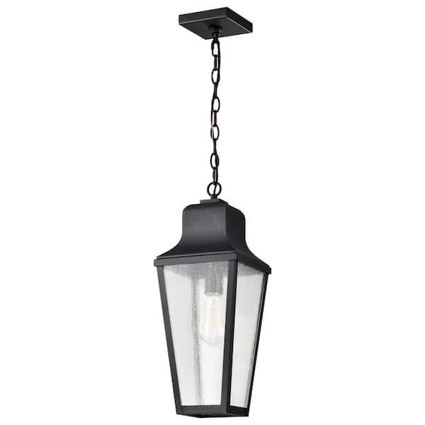 SATCO Lawrence 20 in. 1-Light Matte Black Dimmable Outdoor Pendant Light Fixture with Clear Seeded Glass Shade