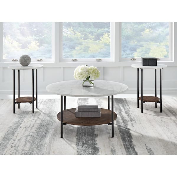 Wrenwich 34 in. Brown/White Round Faux Marble Coffee Table Set with Shelves (Set of 3)