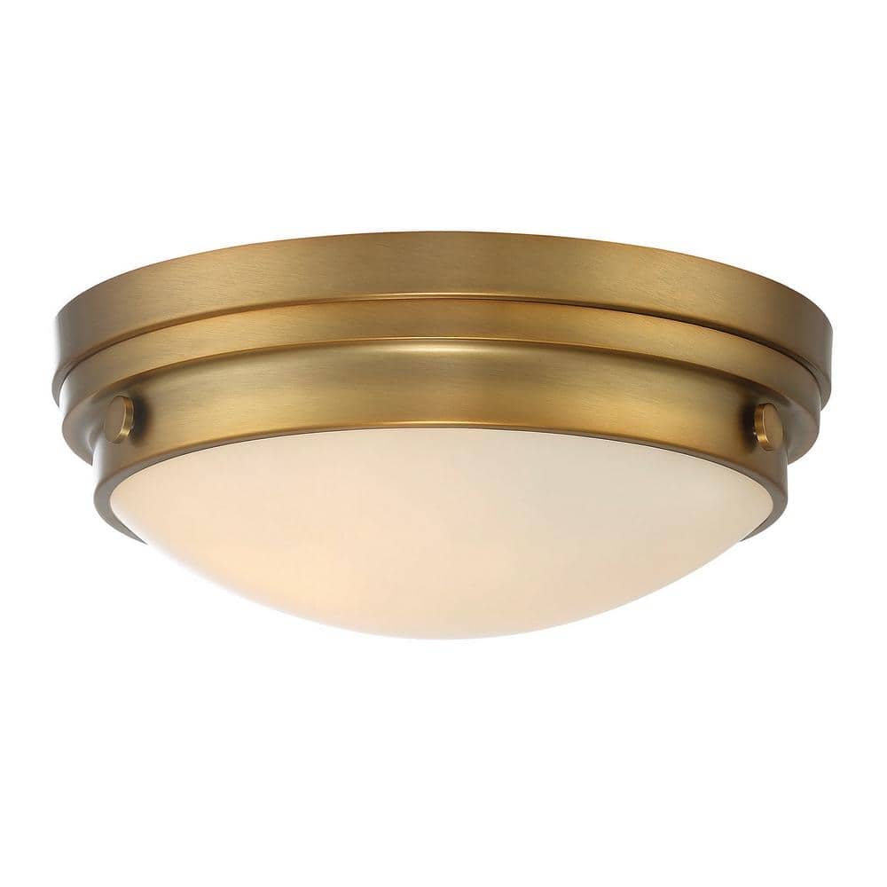 Warm Brass and White Glass 2-Light Flush Ceiling Light