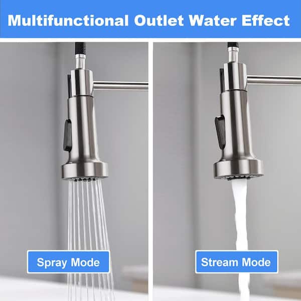 Spring 19 in. Single Handle Pull Down Sprayer Kitchen Faucet 360° Spout Swivel with Beverage Faucet in Brushed Nickel