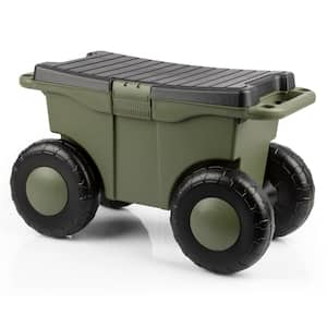 1.89 cu. ft. Green Plastic Rolling Garden Cart with Seat - Storage with Bench and Interior Tool Tray - Gardening Stool