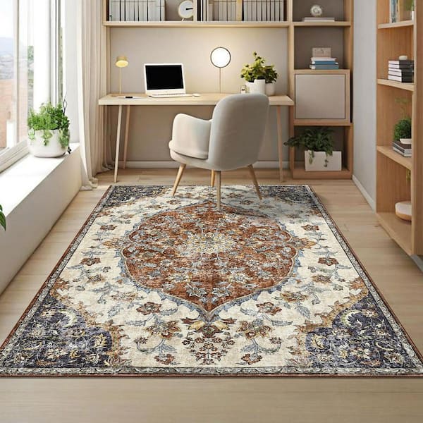 Vintage Printed Rug Low Pile Non-Slip Thin Carpet Living Room Decorative Carpet for Bedroom Kitchen Red，5X7ft