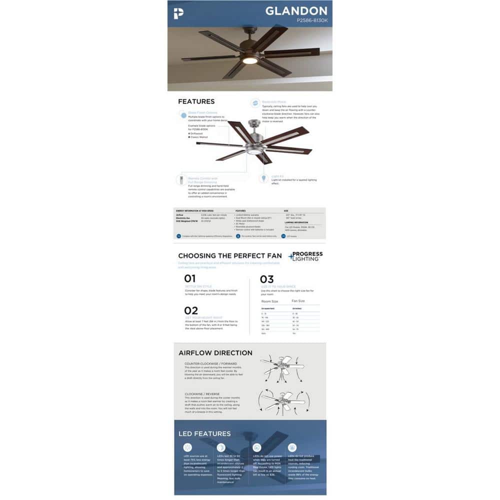 Glandon 60" Nickel Ceiling Fan with LED Light and Remote