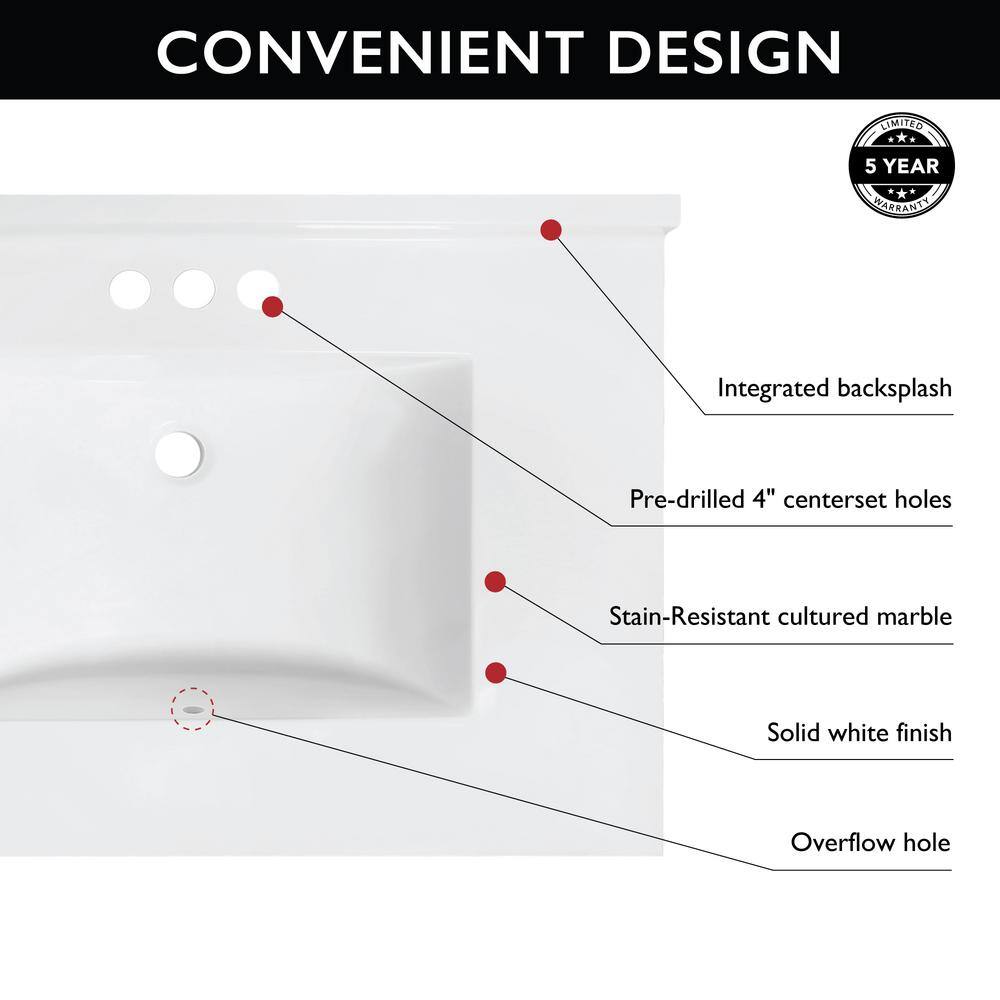31-Inch Solid White Cultured Marble Vanity Top with Backsplash