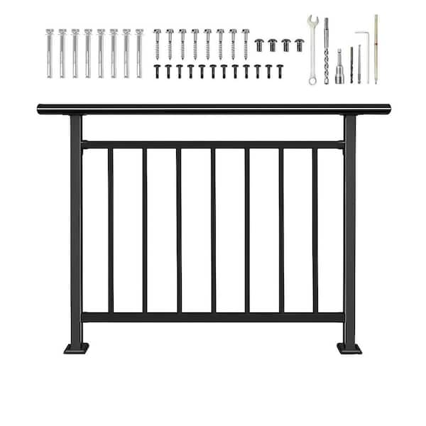 4 ft. H Wrought Iron Outdoor Black Guard Rail Flat Hand Railing Kit for Porch Balcony Deck