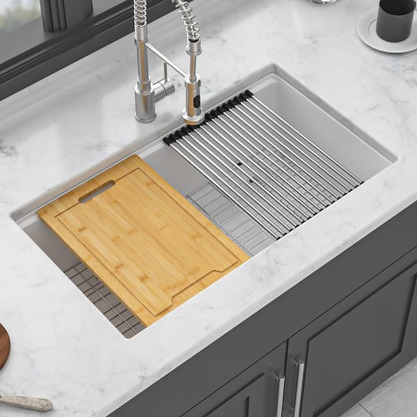 30 in. Undermount Single Bowl White Quartz Kitchen Sink with Bottom Grids