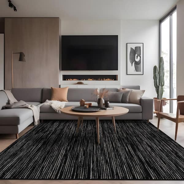 Linea Black 9 ft. x 12 ft. Rubber Back Washable Modern Striped Indoor Outdoor Patio Area Rug