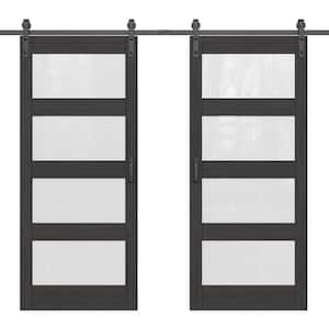 72 in. x 84 in. 4-Lite Tempered Frosted Glass Black Prefinished MDF Sliding Barn Door Slab with Hardware Kit