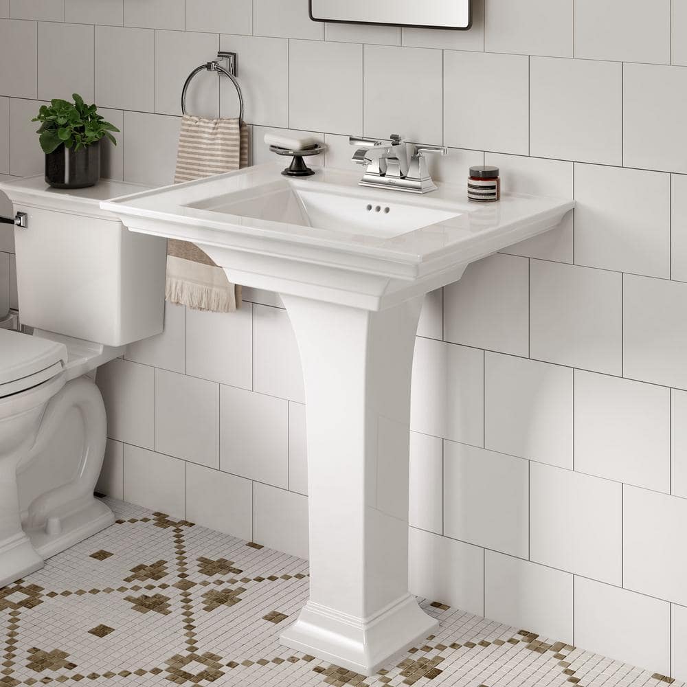 White Ceramic Rectangular Pedestal Bathroom Sink with Overflow
