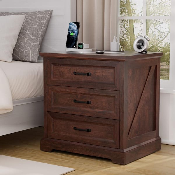 Farmhouse Maroon Brown 3-Drawer 23.6 in. W Nightstand with Charging Station