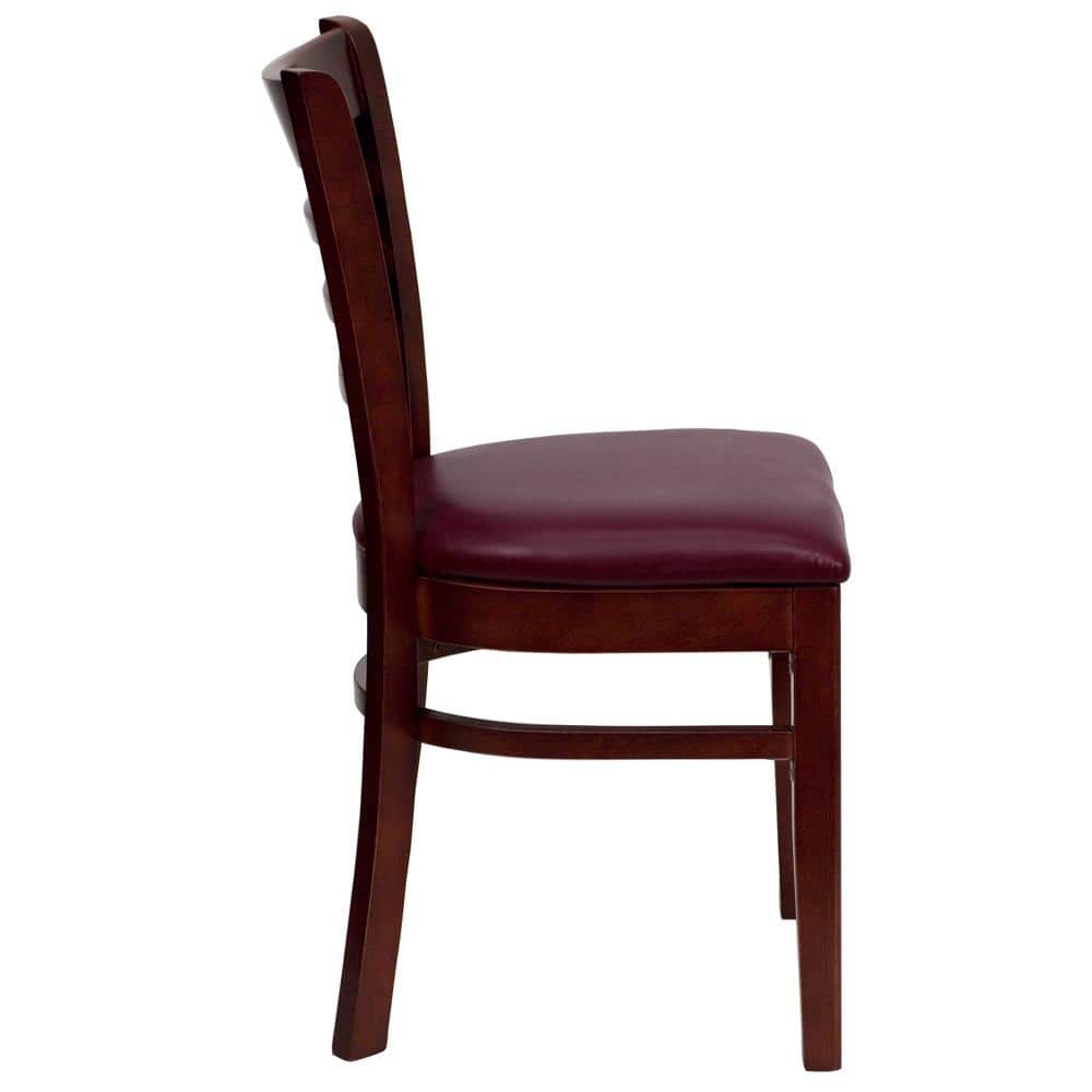 Elegant Mahogany Wood Ladderback Side Chair with Burgundy Vinyl Seat
