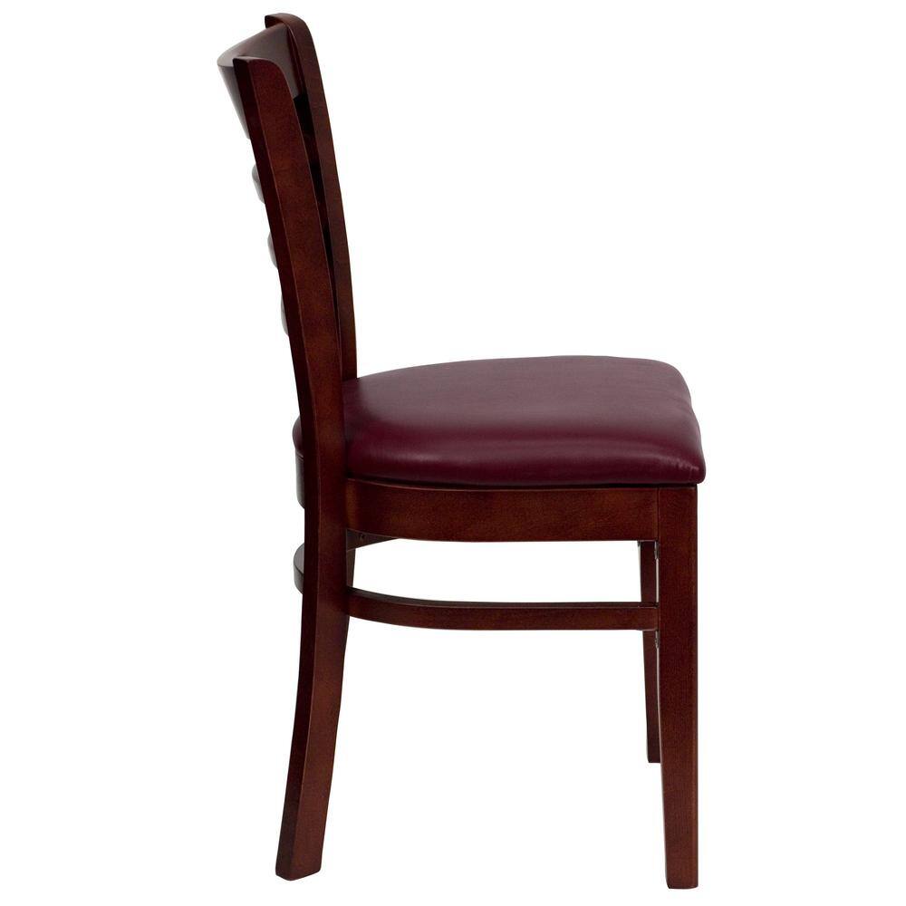 Elegant Mahogany Wood Ladderback Side Chair with Burgundy Vinyl Seat