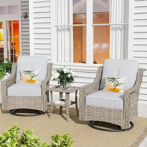 Eureka Grey 3-Piece Wicker Outdoor Patio Conversation Swivel Rocking Chair Seating Set with Light Grey Cushions