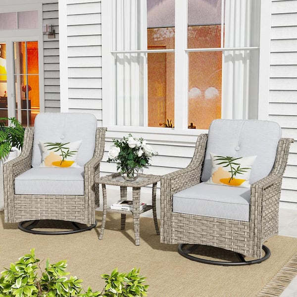 Toject Eureka Grey 3-Piece Wicker Outdoor Patio Conversation Swivel Rocking Chair Seating Set with Light Grey Cushions