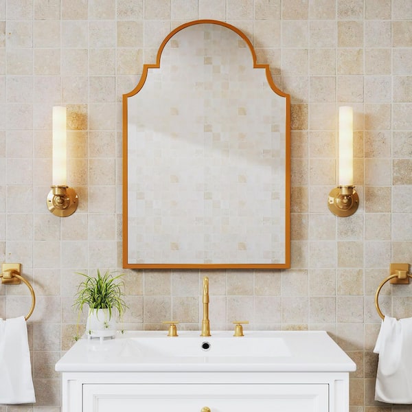 19.7 in. W x 29.9 in. H Transitional Arched Recessed/Surface Mount Medicine Cabinet with Mirror in Gold