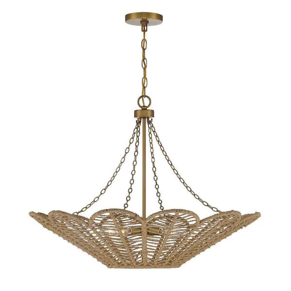 Savoy House Cyperas 30 in. W x 22 in. H 5-Light Warm Brass Statement Pendant Light with Rope Shade
