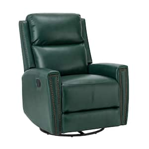 Regina 30.31 in. Wide Green Genuine Leather Swivel Rocker Recliner with Nailhead Trims