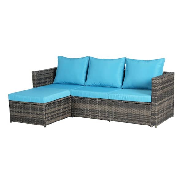 Unbranded 4-People Wicker L-Shaped Outdoor Sectional Set with Light Blue Cushions, Ottoman