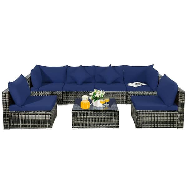 FORCLOVER 7-Piece Wicker Patio Conversation Set with Blue Cushions
