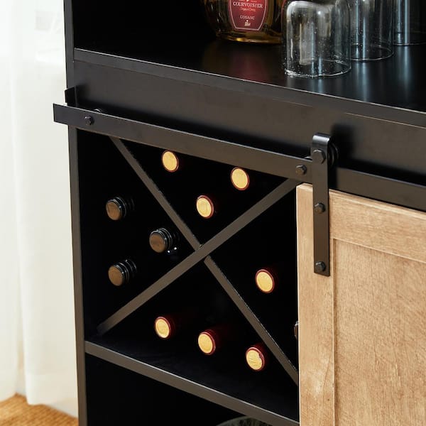 Glitzhome 32.75 in. H Black Wine Cabibet with One Sliding Barn